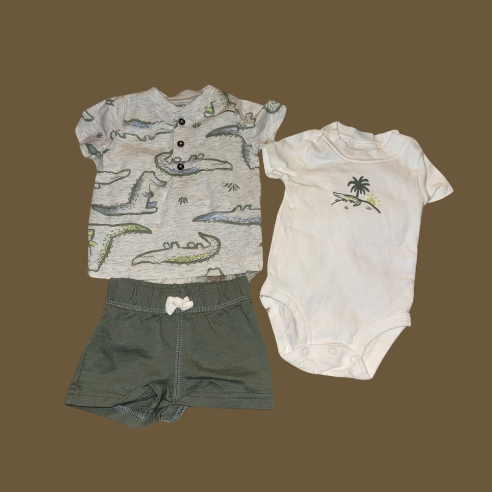 Baby Boy Outfit Bundle 3M | Alligator Shirt + Onesie + Green Shorts